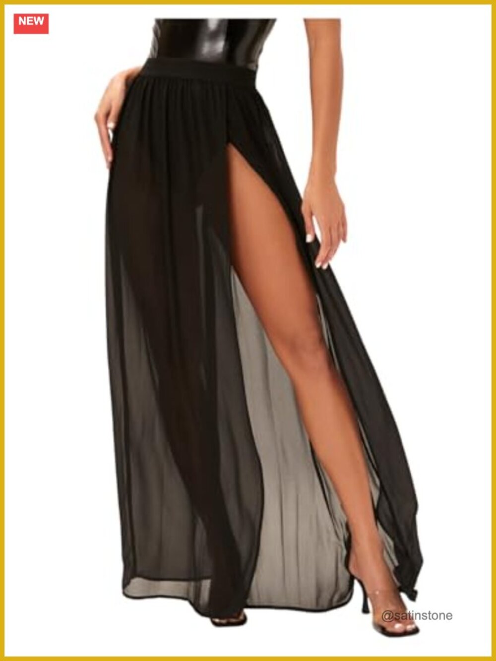 Women's Sheer Mesh Ruffle Maxi Skirt High Waist Thigh High Slit Flowy Long